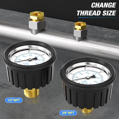MEANLIN MEASURE 0~10Psi Stainless Steel 1/4" NPT 2.5" FACE DIAL Liquid Filled Pressure Gauge, Center Back Mount (with Rubber Protective Sleeve), with 1/2" NPT and 3/8" NPT Hex Bushing - size: 0-10Psi