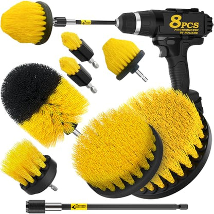 Holikme 8 Piece Drill Brush Attachments Set, Power Scrubber with Extend Long Attachment，Cleaning Supplies for Bathtub, Shower, Grout, Tile(Yellow) - color: Yellow