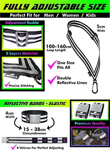 FREEMOVE Reflective SASH with 2 Bands - or - Reflective Runners Waist Belt with 4 Arm Bands > Easy to Put On/Off Reflective Gear for Guaranteed Visibility & Safety for Dog Walking, Running, Cycling - color: Black SASH and BANDS