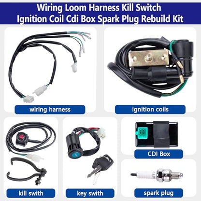 Wiring Loom Harness Kill Switch Ignition Coil Cdi Box Spark Plug Rebuild Kit for Kick Start Dirt Pit Bike ATV 50CC 70CC 90CC 110CC-160cc Buggy Go Kart Wire Harness