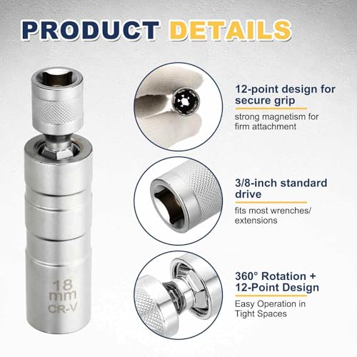 HARFINGTON 2pcs Spark Plug Socket Set 3/8" Drive 18mm Swivel Magnetic 12 Point Thin Wall Spark Plug Socket with 360 Degree Swivel CR-V Steel, Silver - size: 18mm