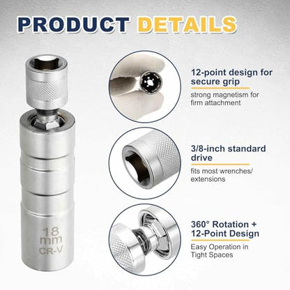HARFINGTON 2pcs Spark Plug Socket Set 3/8" Drive 18mm Swivel Magnetic 12 Point Thin Wall Spark Plug Socket with 360 Degree Swivel CR-V Steel, Silver - size: 18mm