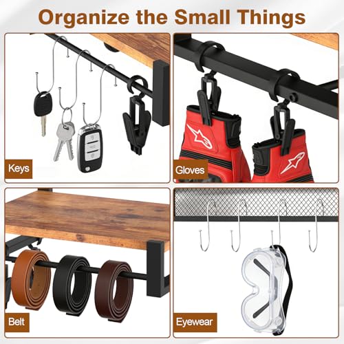 Wall Mounted Motorcycle Helmet Holder, Heavy-Duty Helmet Rack with 4 Helmet Mounts & 4 Glove Clips, Rustic Wall Mounted Organizer with 4 Hooks for Motorcycle Helmets, Shoes, Accessories
