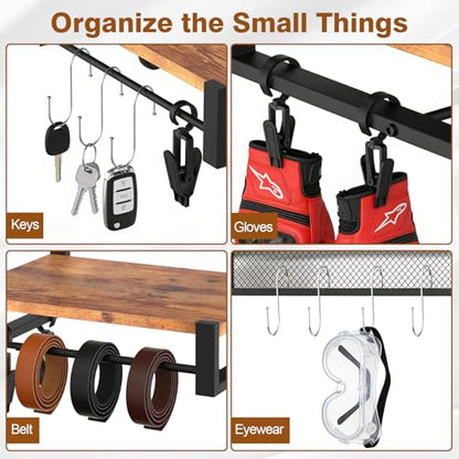 Wall Mounted Motorcycle Helmet Holder, Heavy-Duty Helmet Rack with 4 Helmet Mounts & 4 Glove Clips, Rustic Wall Mounted Organizer with 4 Hooks for Motorcycle Helmets, Shoes, Accessories