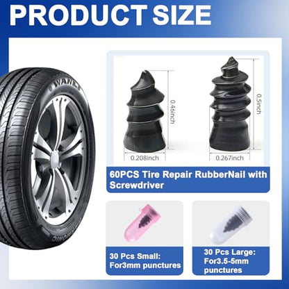 61PCS Tire Repair Rubber Nail Kit with Screwdriver, Screw In Tire Plugs Vacuum Tire Puncture Quick Fix Tool, Self Tapping Rubber Screw Plugs for Car Motorcycle Truck Flat Tire Emergency Repair