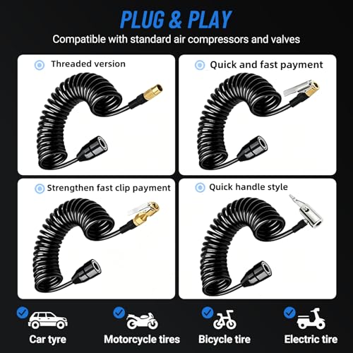 0.3" x 23FT Polyurethane Recoil Air Hose, Black Air Compressor Hose with Bend Restrictor, PS20 Female Plug Inflator Extension Hose with 1/4" Industrial Quick Coupler and Plug - size: 23.4 ft