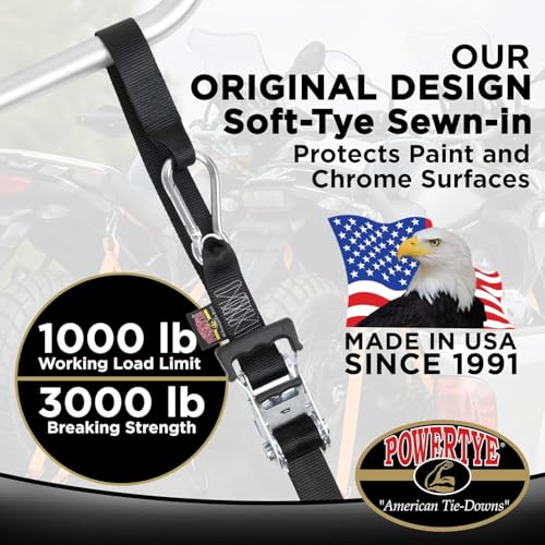 PowerTye 1.5in x 6.5ft Heavy Duty Ratchet Tie-Down Straps with Soft-Tye and Carabiner Hooks - 1,000 lb Working Load Limit / 3,000 lb Breaking Strength - Made in USA - Purple/Black (Pair) - color: Purple, size: 6.5 ft