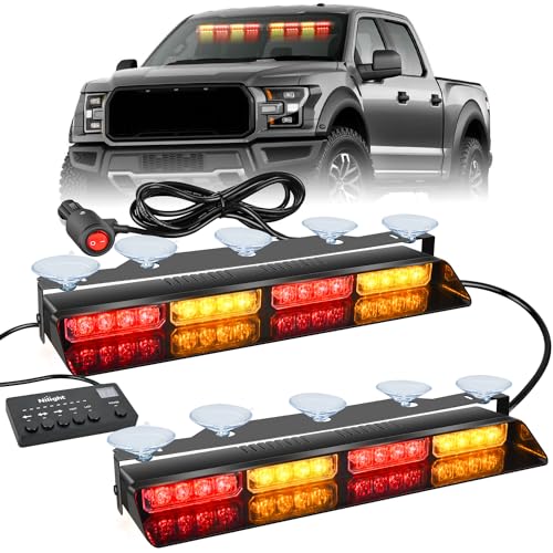 Nilight 32LED Amber Red Emergency Dash Strobe Lights with Controller Suction Cups Warning Hazard Interior Front/Rear Windshield Deck Split Light Bar for Trucks Construction Vehicles - color: Amber and Red