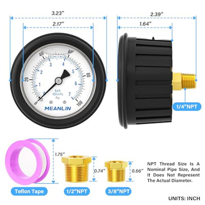 MEANLIN MEASURE 0~100Psi Stainless Steel 1/4" NPT 2.5" FACE DIAL,Liquid Filled Pressure Gauge, Center Back Mount (with Rubber Protective Sleeve), with 1/2" NPT and 3/8" NPT Hex Bushing - size: 0-100Psi