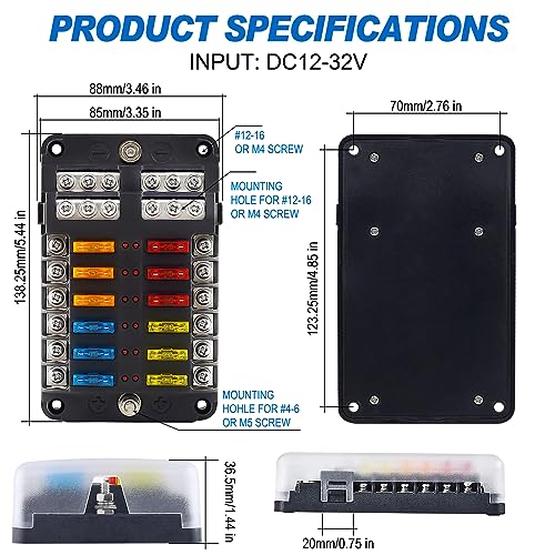 Fuse Block, 12v Fuse Box Holder with Led Indicator Waterproof Cover, Cyrico 12 Circuits Panel with Negative Bus for 12V/24V Automotive Car Truck Boat Marine Rv Trailer, 24 Pcs Blade Inserts