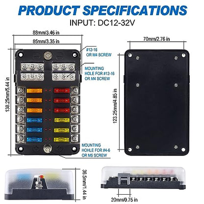 Fuse Block, 12v Fuse Box Holder with Led Indicator Waterproof Cover, Cyrico 12 Circuits Panel with Negative Bus for 12V/24V Automotive Car Truck Boat Marine Rv Trailer, 24 Pcs Blade Inserts