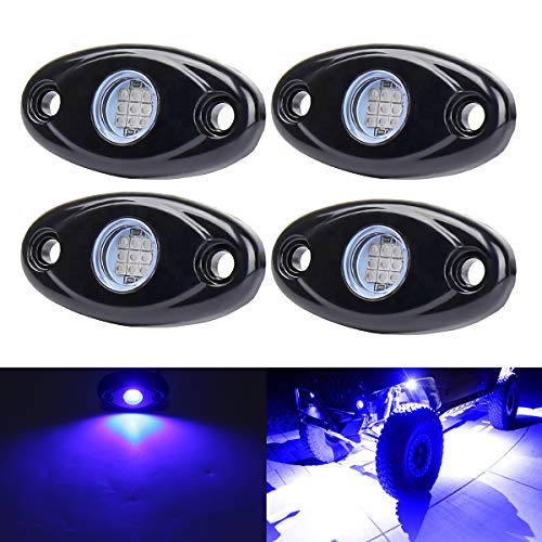 Blue LED Rock Lights, 4 Pods Neon 12V Waterproof Underglow Underbody Kit Crawler Crawling Dome Exterior Wheel Lights for ATV RZR UTV SUV Off-Road Auto Boat Motorcycle Glow Trail Rig Fender Lamp - color: blue
