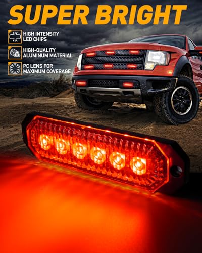 HLauto 406T Emergency Strobe Grille Lights: 4Pcs 6 LED Sync Feature Safety Warning Flashing Light, 12V-24V Ultra Slim Surface Mount Hazard Caution Light for Truck, Vehicle, Car, ATV, UTV (Red) - color: Red