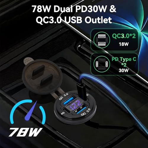 2 Pack 12V USB Outlet 4-Port, 78W Dual PD30W & QC3.0 Fast Charger, Waterproof Aluminum Alloy 12v Power Outlet with Blue Voltmeter for Cars RVs Boats Golf Carts Trucks Motorcycles - size: 2 pack