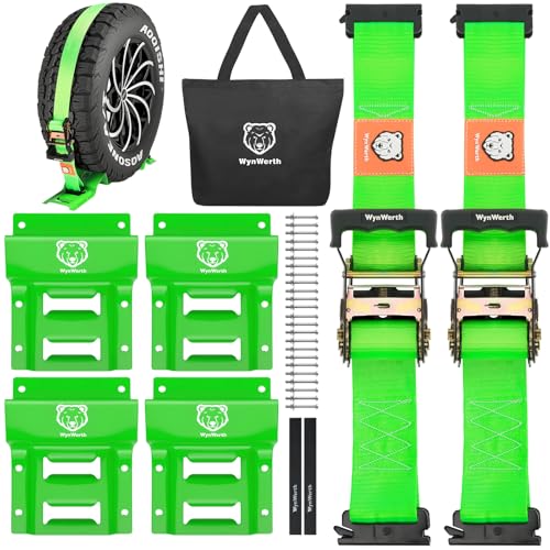Wheel Chock Tie Down Straps kit for Trailers, E-Track Heavy-Duty Wheel Tie-Down Set for Lawn UTV ATVs, SUV,Mowers and Tractors – 4500 lbs Break Strength, 2-Pack 2in x 8ft,Green - color: Green, 2 Pack