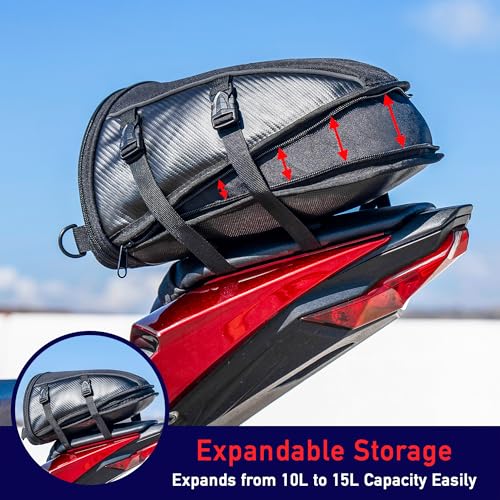 Nomad USA Motorcycle Tail Bag, Waterproof Street Sportsbike Rear Rack/Seat Bag Converts to Shoulder Bag, 10-15L Expandable Tail Tank Tool Pouch/Handle Carry Bag with Rain Cover, Mounting Straps