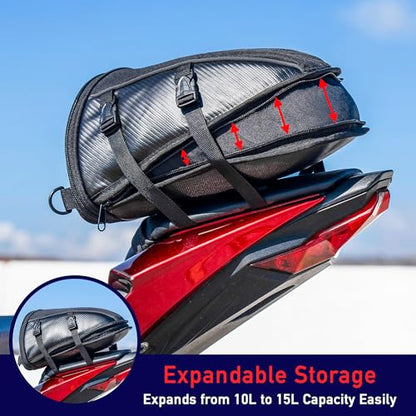 Nomad USA Motorcycle Tail Bag, Waterproof Street Sportsbike Rear Rack/Seat Bag Converts to Shoulder Bag, 10-15L Expandable Tail Tank Tool Pouch/Handle Carry Bag with Rain Cover, Mounting Straps