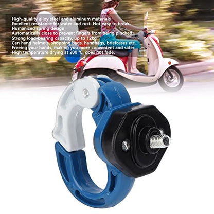 Estink Electric Scooter Front Claw Hook, Alloy Steel & Aluminum Motorcycle Hanger for Helmet & Bag Storage, 26.5 lb Load Bearing & Auto Lock Design for Safer Riding (blue+white)