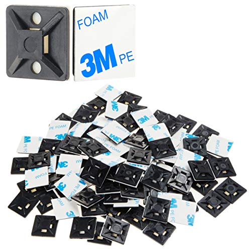 XHF 100 PCS 3/4" Black Self Adhesive Cable Zip Tie Mounts Wire Cable Clips Holders Management Anchors Organizer Holders Squares(HS-101S) - color: Black, size: 3/4"-100pcs