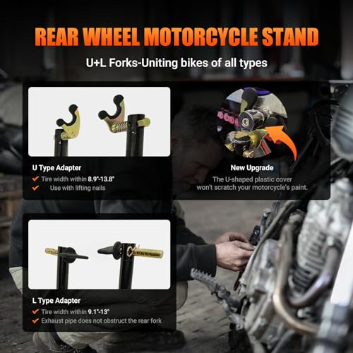 Motorcycle Rear Wheel Stand, with U + L Fork Swingarm Spool, 850lbs Capacity Universal Paddock Lift Jack Stand, Compatible With Most Yamaha Honda Kawasaki Suzuki BMW Motorcycles(New Update)