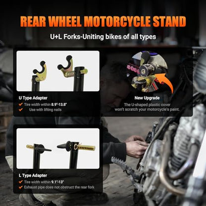 Motorcycle Rear Wheel Stand, with U + L Fork Swingarm Spool, 850lbs Capacity Universal Paddock Lift Jack Stand, Compatible With Most Yamaha Honda Kawasaki Suzuki BMW Motorcycles(New Update)