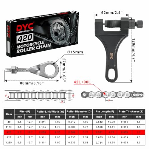 DYC 420 Mini Bike Dual Chain Set (Jackshaft) 42 Link Front + 90 Link Rear with Chain Breaker Tool & Adjuster, Fits Coleman CT200U/BT200X, Baja MB165/MB200, Axis M200, Massimo MB200, 196-212cc - size: 420-42L+90L w/