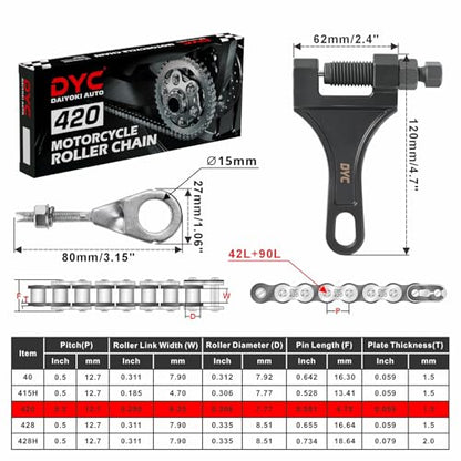 DYC 420 Mini Bike Dual Chain Set (Jackshaft) 42 Link Front + 90 Link Rear with Chain Breaker Tool & Adjuster, Fits Coleman CT200U/BT200X, Baja MB165/MB200, Axis M200, Massimo MB200, 196-212cc - size: 420-42L+90L w/