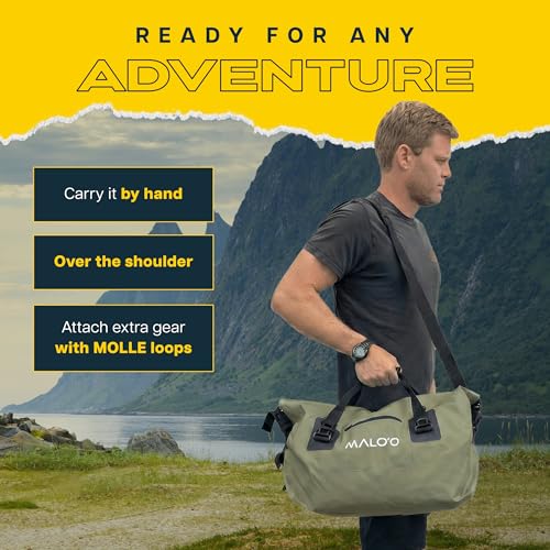 Malo’o Waterproof Dry Duffel, Heavy-Duty Roll Top Waterproof Gear Bag with Shoulder Strap & Molle Loops, Marine Duffel for Kayaking, Boating, Camping, Beach & Travel, Dark Green, 40L - color: Dark Green, size: 40L