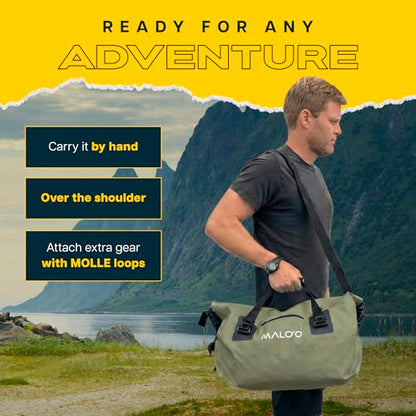 Malo’o Waterproof Dry Duffel, Heavy-Duty Roll Top Waterproof Gear Bag with Shoulder Strap & Molle Loops, Marine Duffel for Kayaking, Boating, Camping, Beach & Travel, Dark Green, 40L - color: Dark Green, size: 40L