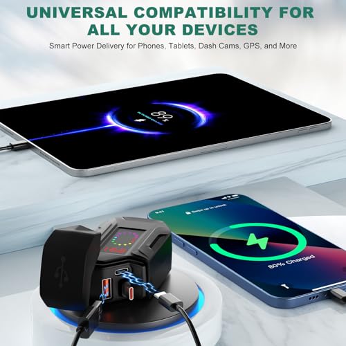 Motorcycle USB Charger, Retractable Type-C & Dual USB Fast Charging, Independent Switch, 3-in-1 SAE to USB Adapter with 1.5m Extension, LED Voltmeter, Waterproof for Dirt Bike, ATV, UTV