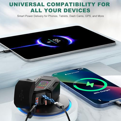 Motorcycle USB Charger, Retractable Type-C & Dual USB Fast Charging, Independent Switch, 3-in-1 SAE to USB Adapter with 1.5m Extension, LED Voltmeter, Waterproof for Dirt Bike, ATV, UTV