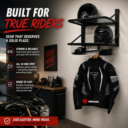 Motorcycle Helmet Wall Mount, 2-Tier Helmet Holder Wall Mount with Shelf & Baskets, Motorcycle Gear Rack Storage for Jackets, Gloves, Keys and Riding Accessories