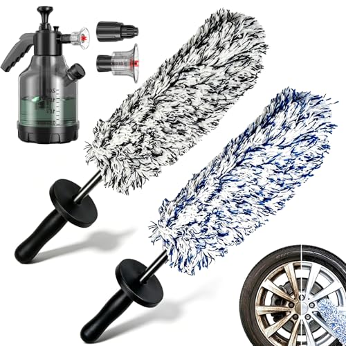 Wheel Barrel Brush, Long Handle Microfiber Wheel Brush, 17 inch Car Duster Interior Multipurpose Cleaning Tool for Vehicle Motorcycles Auto Truck SUV RV, No Scratches (Black+Blue) - color: Black+Blue