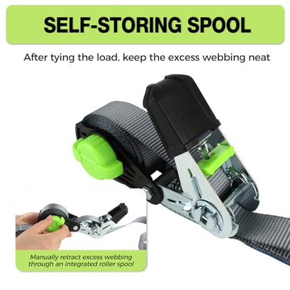 Ratchet Straps Heavy Duty 4 Pack -1in x 15 FT - 1500 LB Break Strength – with Chromoly S Hooks - Cargo Straps for Moving, Appliances, Motorcycle-Self-Storing NeatStrap - color: Green