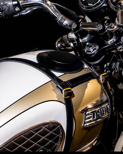Trip Machine Company Genuine Leather Motorcycle Fuel Tank Strap – Heavy Duty Adjustable Horizontal Tank Mount Cover for Right Side Fuel Inlet Bikes (Only Tank Strap, Black) - color: Black, style: Only Tank STrap