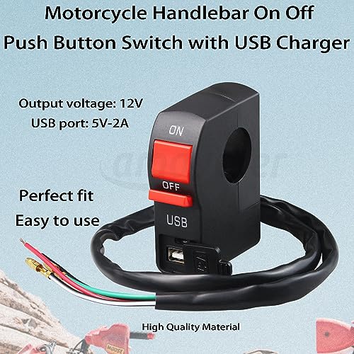 7/8″ Motorcycle Handlebar On Off Push Button Switch with 12V5A USB Charger Headlight Control Switch 4 Wires Replacement Parts Compatible for Most Motorcycle, ATV, Scooter or Snowmobile.