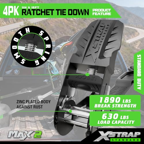 XSTRAP STANDARD Motorcycle Ratchet Tie Down Straps - 4 Pk 1'' x 15 Ft 1890 Lbs Break Strength-Cargo Straps with Integrated Soft Loops, Padded Handles & Coated Safety Clip for Motorcycle, Truck(Black) - size: Black-1890 lbs