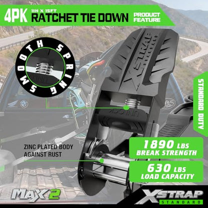 XSTRAP STANDARD Motorcycle Ratchet Tie Down Straps - 4 Pk 1'' x 15 Ft 1890 Lbs Break Strength-Cargo Straps with Integrated Soft Loops, Padded Handles & Coated Safety Clip for Motorcycle, Truck(Black) - size: Black-1890 lbs