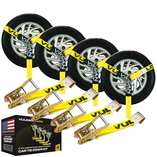 VULCAN Car Tie Down with Flat Hooks - Lasso Style - 2 Inch x 96 Inch - 4 Pack - Classic Yellow - 3,300 Pound Safe Working Load - size: Flat Hooks - Classic Yellow (4 Pack)