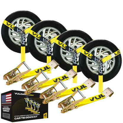 VULCAN Car Tie Down with Flat Hooks - Lasso Style - 2 Inch x 96 Inch - 4 Pack - Classic Yellow - 3,300 Pound Safe Working Load - size: Flat Hooks - Classic Yellow (4 Pack)