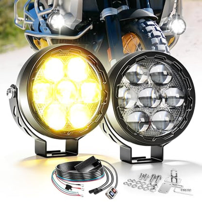 BraveWAY 4.5 Inch Motorcycle Auxiliary Lights 140W 16500LM LED Fog Lights Strobe Flash Mode White/Amber Combo Beam LED Spot Light with Mount Brackets for Motorcycle Car Truck UTV Off-Road ATV Boat - size: 4.5INCH-7-D