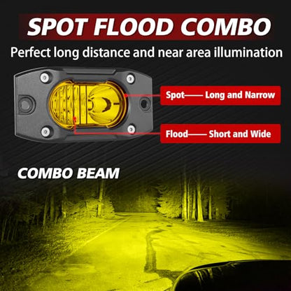 Yellow LED Pods Flush Mount Spot Flood Light 2PCS 4 Inch Bumper Driving Fog Lights Reverse Backup Work Lights Flush Off Road Light Bar for Truck Pickup UTV ATV Boat 4x4 - color: Yellow Flush