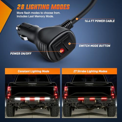 Nilight 60 Inch Truck Tailgate Strobe Light Strip Tail Emergency Bar Rear Window Warning Lamp Ultra-Bright Double Row 360 LED for Pickup Trailers Construction Vehicles Car SUV, Red White - color: 60" Tailgte Strobe Red White