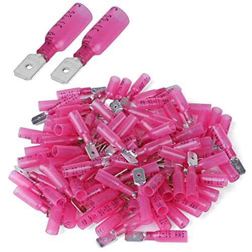 100 PCS 22-16 AWG Waterproof Heat Shrink Quick Disconnect Connectors, Crimp Electrical Wire Male Spade Connectors Insulated Disconnect for Marine Automotive Motorcycle Home Wiring (Red) - size: [22-16 AWG] Male x 100