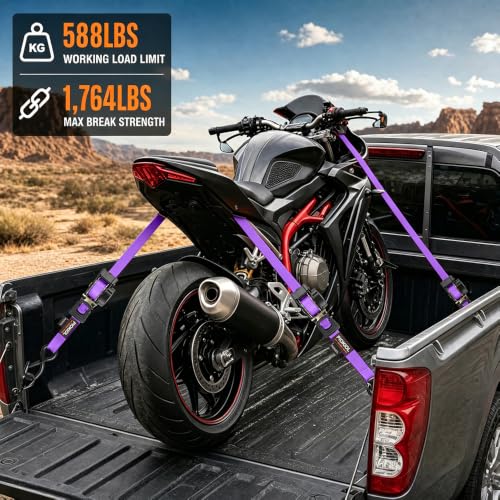 Retractable Ratchet Straps (4-Pack) - 1 Inch x 10 Feet (1,764lb Break Strength) - Heavy Duty Auto Self Retracting Tie Down Straps for Truck, Cargo Trailer, Motorcycle, ATV, UTV – Purple - color: Purple