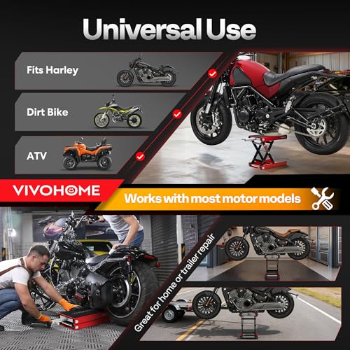 VIVOHOME 1100 LBS Motorcycle Lift Scissor Jack, Wide Deck Hoist Stand, Height Adjustable Center Stand with Crank, Steel Lift for Cruiser, Dirt Bike, ATV - Red - color: Red