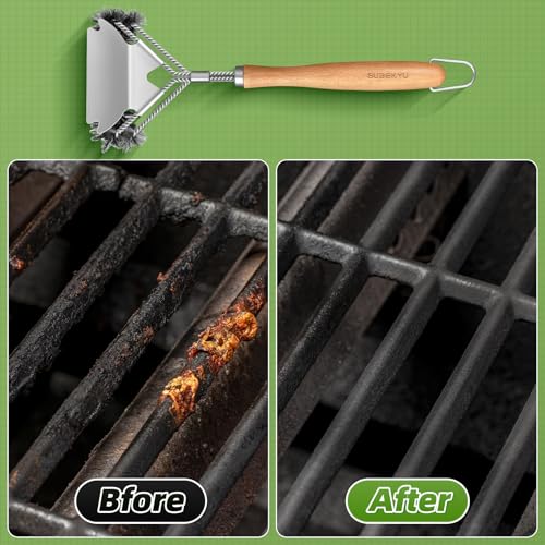 SUBEKYU Outdoor BBQ Grill Brush, 15.3'' Scraper Cleaning Brush - Stainless Steel Grill Cleaner with Scraper, Beech Wood Handle, 1Pack