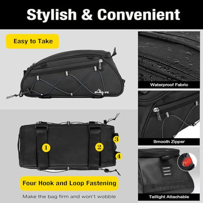 Bike Rear Rack Insulated Trunk Bag - 10L Large Capacity Waterproof Bicycle Travel Expedition Back Rack Seat Cargo Carrier Bag for Bicycle, E-Bike and Motorcycle