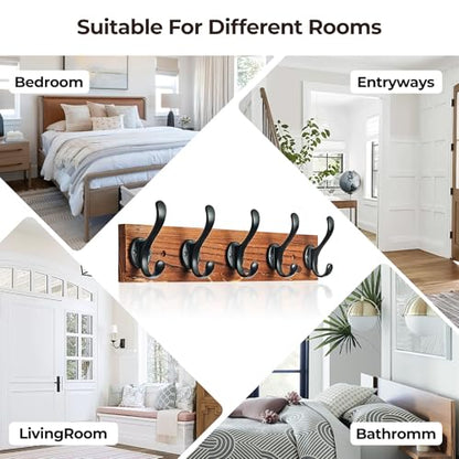 Coat Rack Wall Mount, Pre-Assembled 16" Coat Hooks with 5 Hooks, Heavy Duty Rustic Farmhouse Wood Plank Hooks for Hanging Hat, Clothes, Keys, Jacket, Purse - Door, Entryway, Mudroom - size: Pine wood - black hook