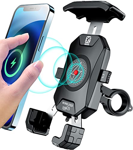 BRCOVAN Motorcycle Phone Mount Holder with Wireless & USB-C Charger | Qi 15W & PD 20W, 1s Locking Design Cellphone Clip with Aluminum Alloy Handlebar Mounting Base for 4'' - 7'' Smartphones